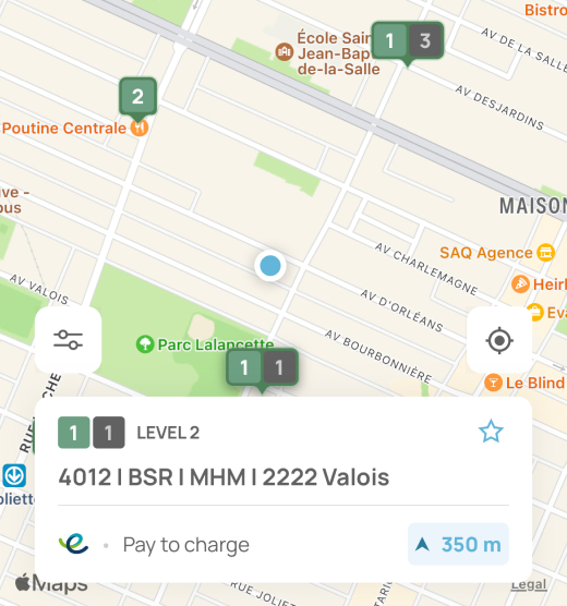 FLO app map interface showing charging station locations and details