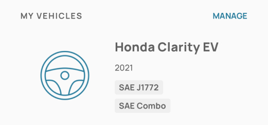 FLO app my vehicles screen showing a Honda Clarity EV with connector information